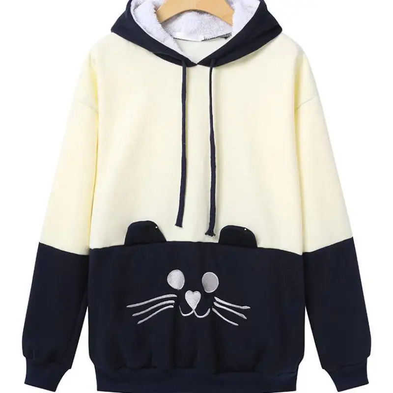 European 2018 Winter Fashion Loose Cat Embroidery Color Matching Long-sleeved Hoodie Pullover Hooded Harajuku Sweatshirt Women | Женская