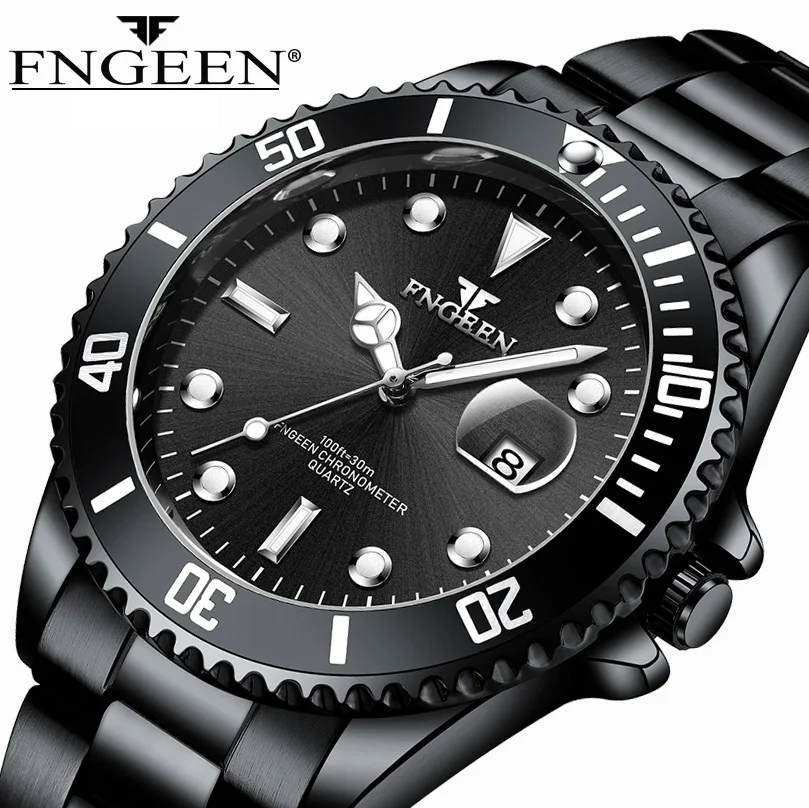 

2019 FNGEEN Mens Watches Black Stainless Steel Men Watch Quartz Movement Waterproof Luminous With Date Male Clock reloj hombre