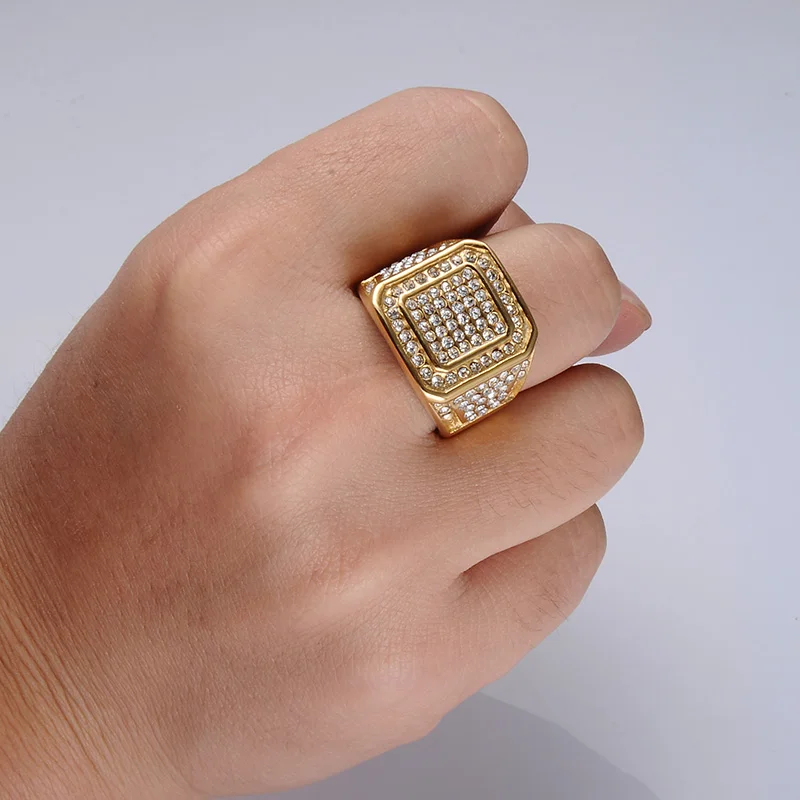 

HIP Hop Stainless Steel Bling Iced Out Square Crystal Ring Gold Color Wedding Rings for Men Jewelry US Size 8-13