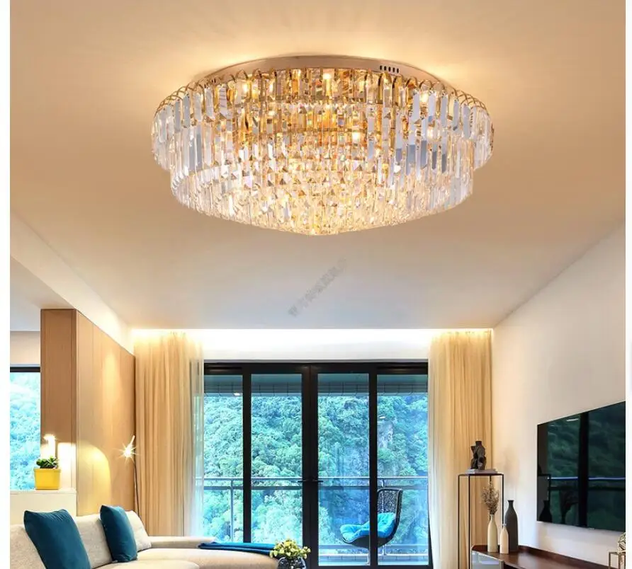 

Free Shipping Golden Ceiling Light Fixture Modern Clear K9 Crystal LED Ceiling Lamp Round Flush Mounted Lighting Fitting Lustres