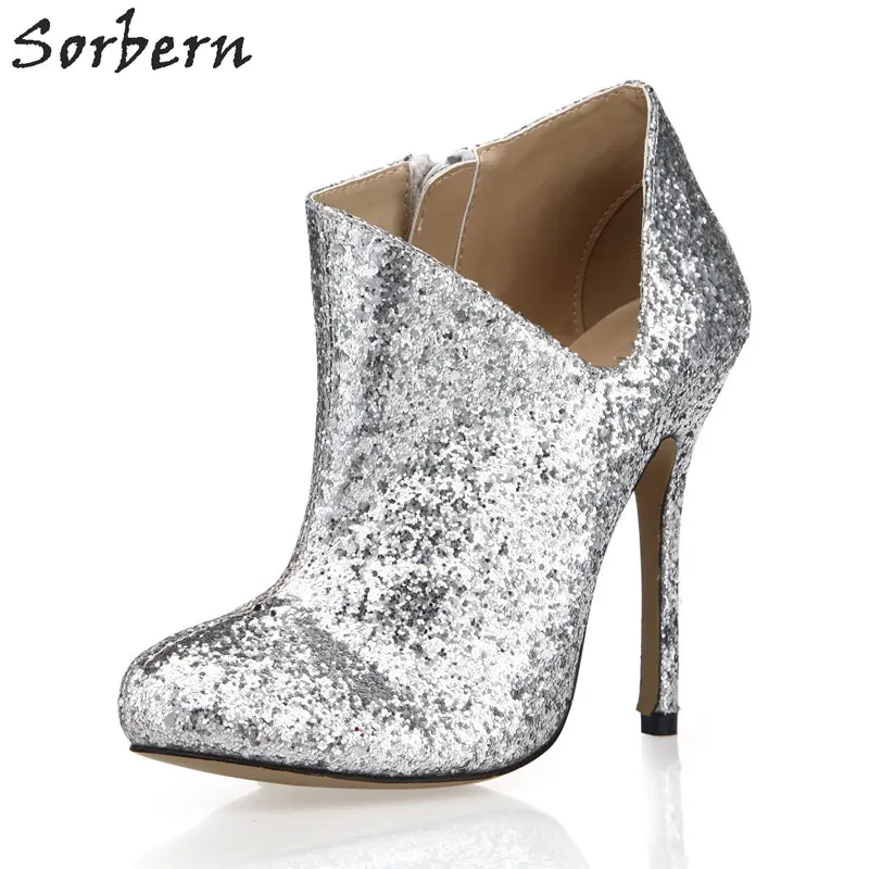 

Sorbern Silver Sequins Boots Ladies Thin Heel 12Cm High Heels Cut Side Evening Party Boots Footwear Women'S Shoes Custom Colors