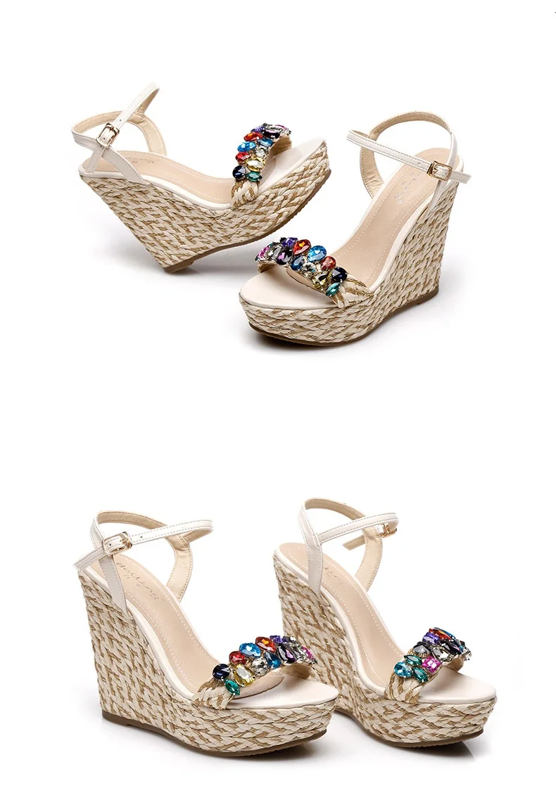 29_Summer Womens Black Buckle Sandals Fashion Elegant Silver Rhinestone Shoes Wedding Bridal High Heel Platform Wedges