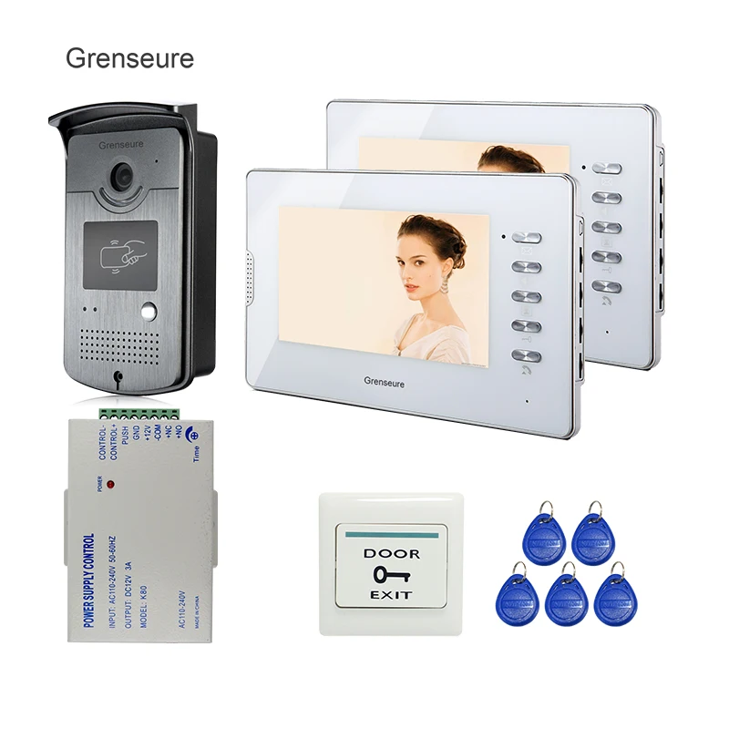 

FREE SHIPPING 7" Color Video Intercom Door Phone Kit + 2 Screen + Outdoor RFID Access Bell Camera Power Supply Control In Stock