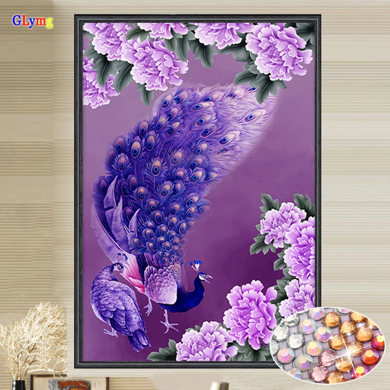 GLymg Needlework Diy Diamond Embroidery Purple Peacock Crystal Bright Round Drill Diamond Painting Cross Stitch Gift Home Decor