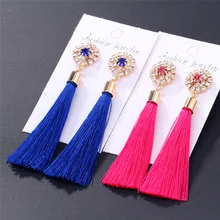 HOCOLE Bohemia Crystal Tassel Earrings For Women 2018 New Flower Charm Red Blue Black Silk Fabric Drop Earrings Wedding Jewelry 2018 summer new india golden jhumki earrings bohemia blue tassel earrings hippy charm fake beach travel jewelry