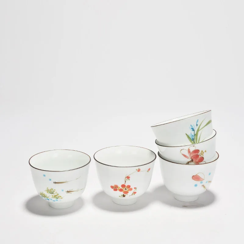 

Brief Chinese Handpainted Flower Carp Teacup Ceramic Pottery and Porcelain Tea Cup Kung Fu Tea Set Puer Oolong Tea Cup 120ml