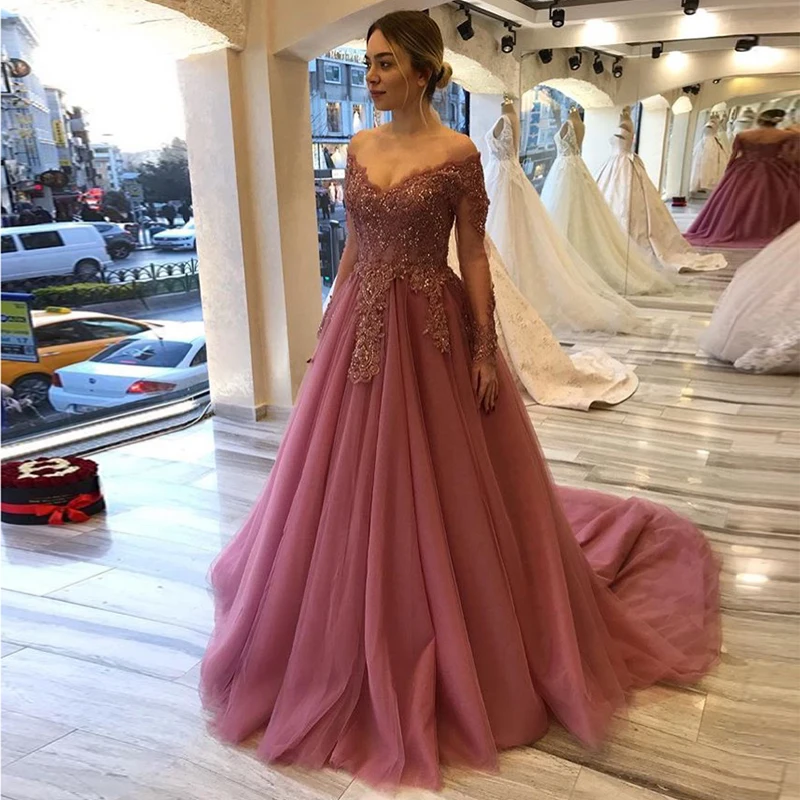 

Off Shoulder Long Prom Dresses Long Sleeves V-neck Appliques Beaded Blush Pink 2019 New Women Formal Party Dresses Sweep Train