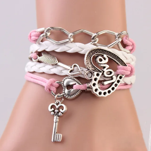 FAMSHIN New Handmade Bracelet Lock key Cupid's Arrow Charms Infinity Bracelet White Pink Leather Bracelet Women Best Couple Gift
