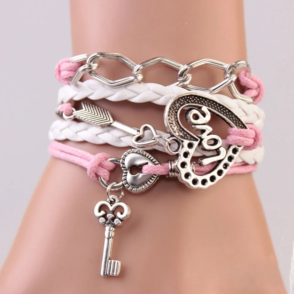 

FAMSHIN New Handmade Bracelet Lock key Cupid's Arrow Charms Infinity Bracelet White Pink Leather Bracelet Women Best Couple Gift