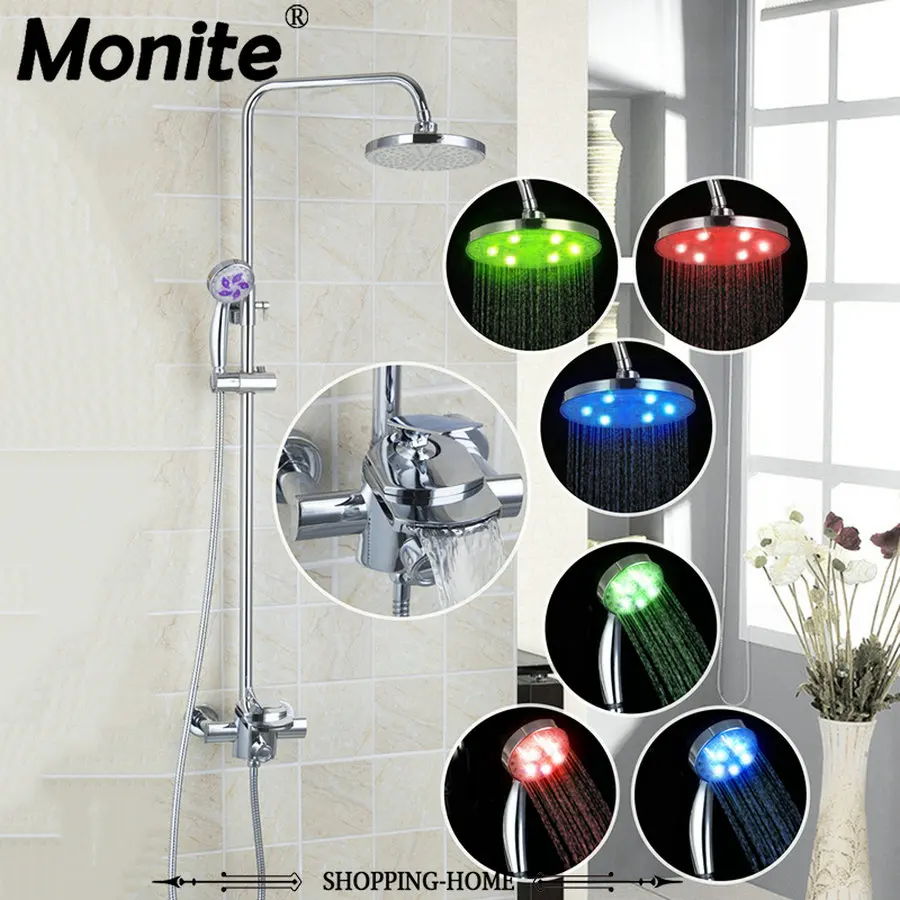 

MONITE Modern LED Bathroom Faucet set Bath Rainfall W/ Control Valv Hand Spout Shower Set Faucets