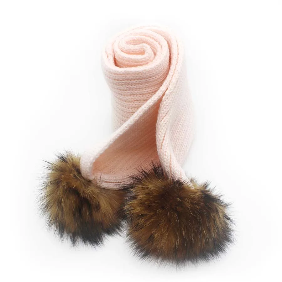 Детский зимний шарф со съемным натуральным мехом енота, помпоны для мальчиков и девочек, теплые шарфы с большим помпоном, меховой шарф - Цвет: Pink2