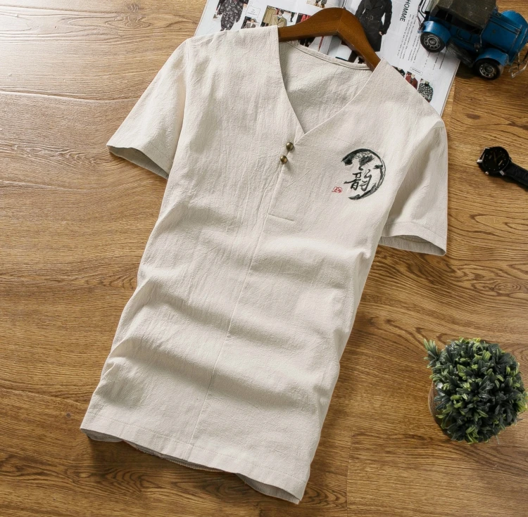 Мужская летняя футболка из хлопка и льна с короткими рукавами в китайском стиле с завязками на лодыжках