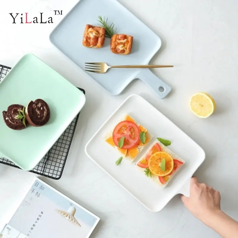 Yilala Japanese style Dinner ceramic plate dish with handle tray Solid Color Tableware | Дом и сад