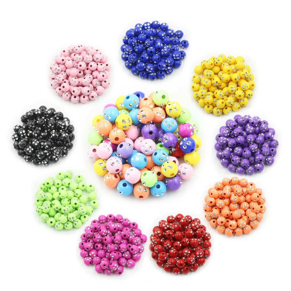 

ZHUBI 100pcs Acrylic Round Spacer Loose Beads With Rhinestones 8mm (Hole Size 1.8mm) DIY Making Jewelry Findings Fit Bracelet