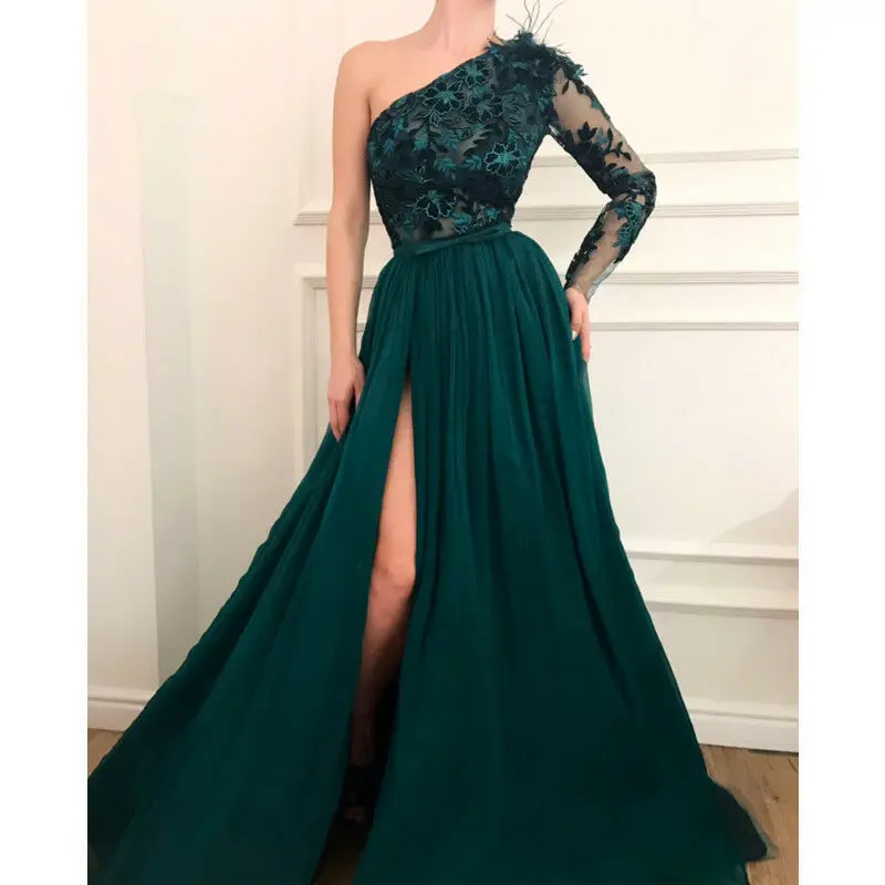 

Green One Shoulder High Split Side Formal Dresses Evening Gown Prom Party A Line Appliques prom dress