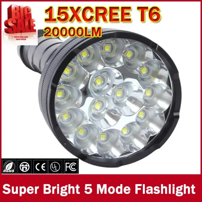 

20000 Lumens 15 x XM-T6 LED 5 Light Modes Waterproof Super Bright Flashlight Torch with 1200m Lighting Distance