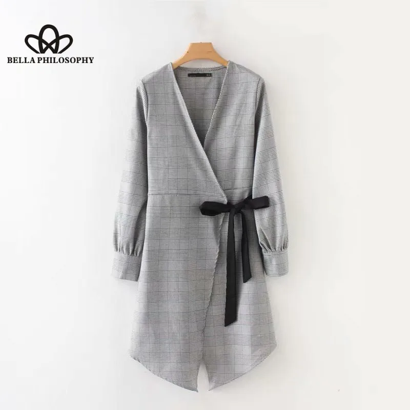 Wonder 2018 new women vintage v neck houndstooth plaid irregular hem kimono dress office lady casual slim vestidos bow dress