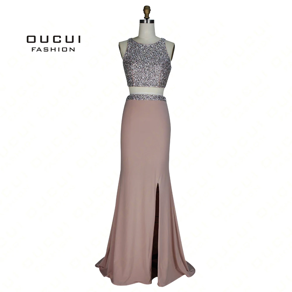 

Luxury Heavy Beading Two Pieces Backless Side Slit Jersey O-Neck Long Mermaid Evening Dress OL103045