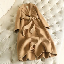 Шерсть Новое поступление шерстяное пальто для женщин с поясом сплошное с v-образным вырезом на пуговицах тонкое прямое офисное женское длинное шерстяное пальто