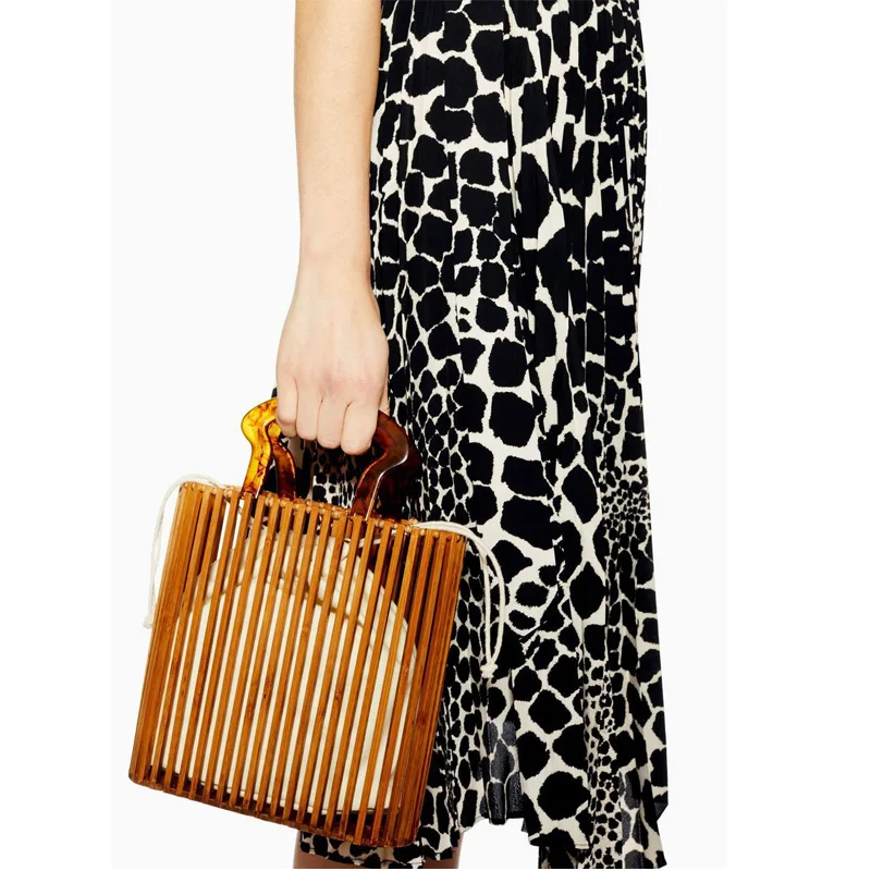 

New Bamboo Square Women Handbag Female Brand Designer Woven Bag Fashion Beach Hand Bag Simple Acrylic Handle Women Tote Bag
