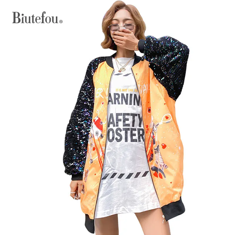 

2019 New arrival sequins loose jackets women spring cartoon long jackets
