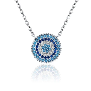 

WOSTU Genuine S925 Sterling Silver Geometry Round Chic Blue Eye Pendent & Necklace For Women Trendy Jewelry Accessories BKN099