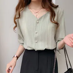 Summer Casual Women's Chiffon Blouses Female Casual Style V Collar Shirt Puff Sleeve Sweet Solid Color Blouse Summer Casual Women's Chiffon Blouses Female Casual Style V Collar Shirt Puff Sleeve Sweet Solid Color Blouse