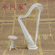 Кукольный 1/12th весы миниатюрная мебель белый ручная роспись Великолепная Арфы и табурет