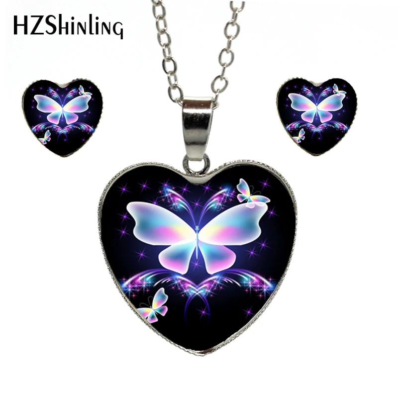 

2019 Hot Fashion Magic Charming Blue Neon Butterfly Heat Necklace Earring Set Handmade Jewelry Set Wonderful Gift For Women