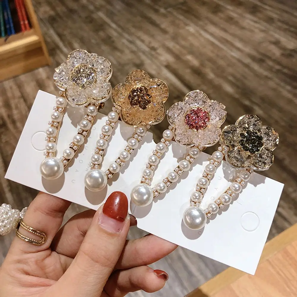 

Fashion Women Pearl Hair Clip Hairpin Elegant Crystal Flower Snap Barrette Stick Women Girls Hair Styling Accessories