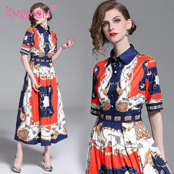 

2019 New Summer Spring Runway Dresses Women Fashion Party Print Dress Vintage Short Sleeve Floral Vestidos AMBMCM
