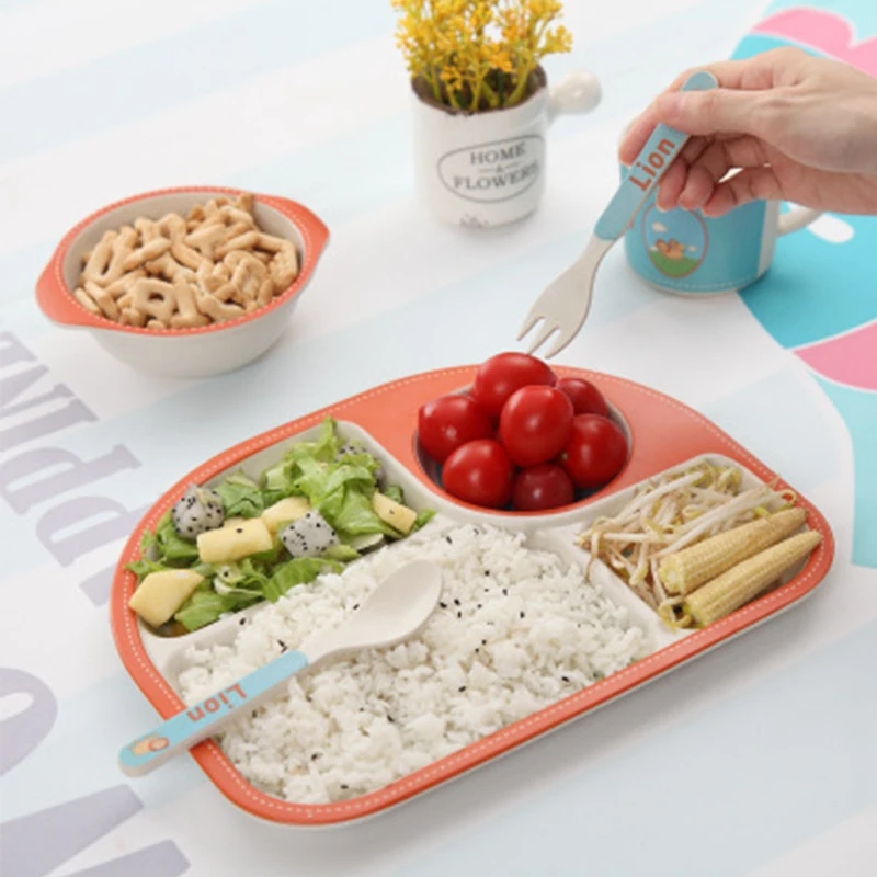 

Baby Feeding Dinnerware Toddler Food Dish Tableware Set with Separate Plate Bowl Cup Fork Spoon Set for Kid Bamboo Fiber