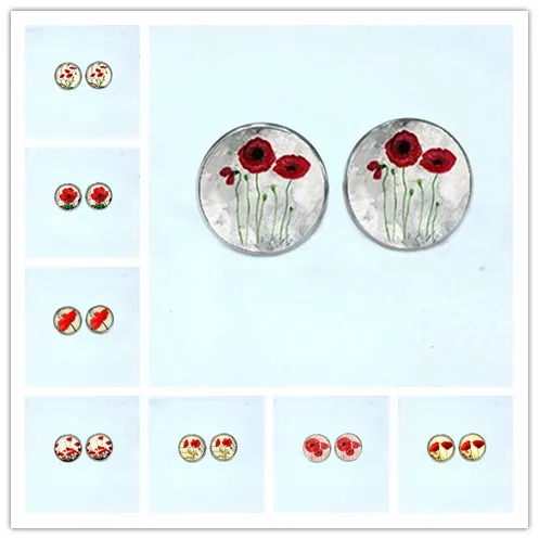 

Red Poppy Studs Earrings Field Of Poppies Earring For Women Floral Art Glass Dome Earrings Gifts Men Women