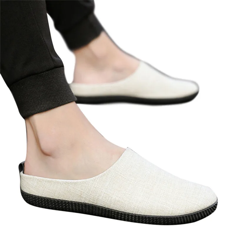 

Men Hemp Casual Shoes Slip-on Breathable Canvas Flats Men Non-Slip Slippers Hole Shoes Mans footwear terlik kapcie Slides 40jy11