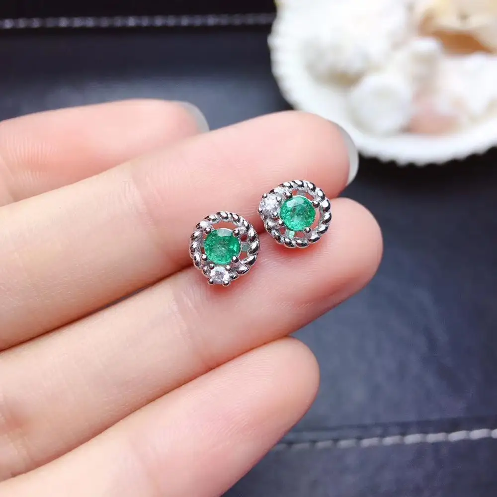 

natural green emerald stud earrings Natural gemstone earrings Elegant Lovely small Hemp round S925 silver girl gift fine jewelry