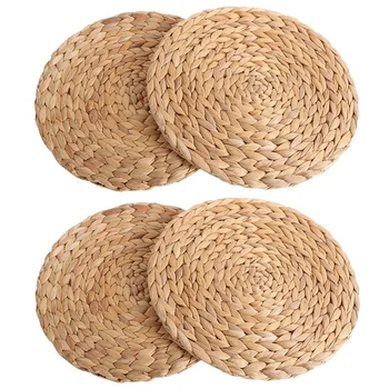 

LBER 4Pc Natural Water Gourd Woven Placemat Round Woven Rattan Table Mat Water Gourd Placemat Round Pad Woven Green Tropical Wed