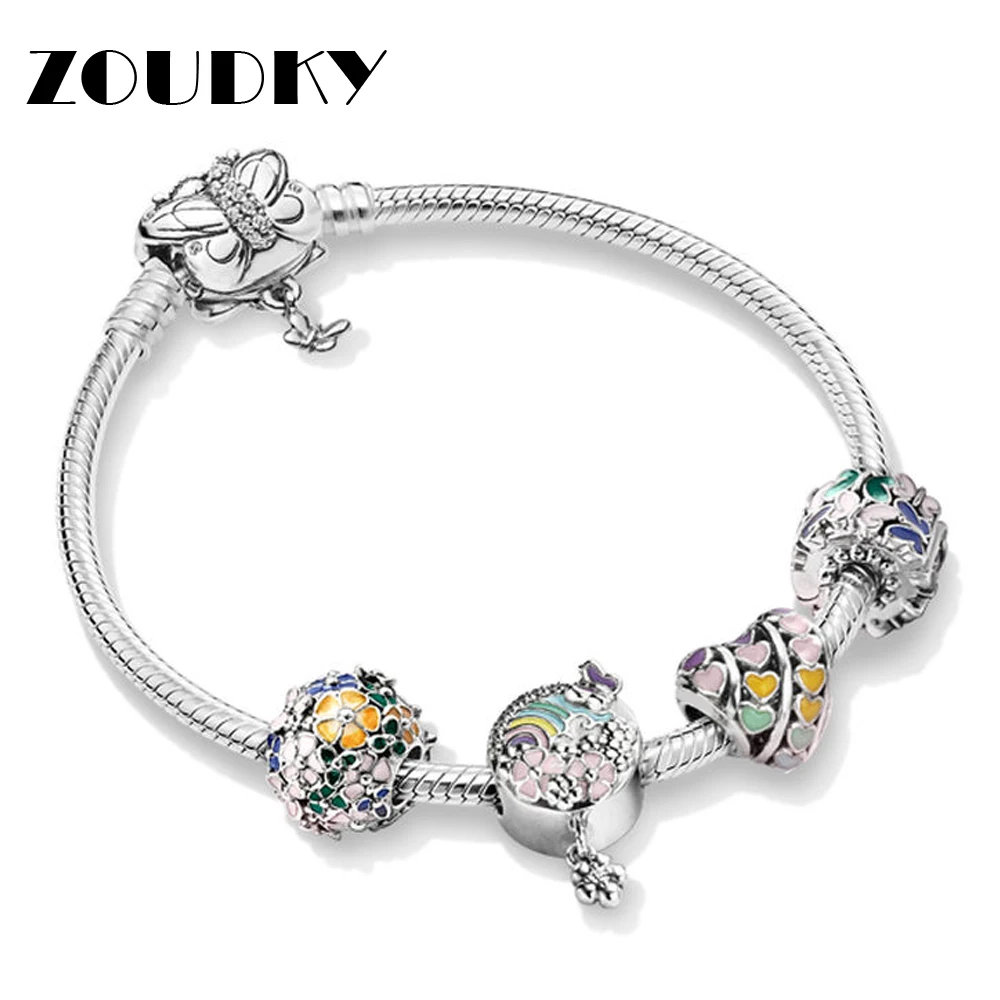 

ZOUDKY NEW 219 100% 925 Sterling Silver Spring Colorful Flower Love Rainbow Stringed Bracelet Set Beautiful Fashion Jewelry Gift