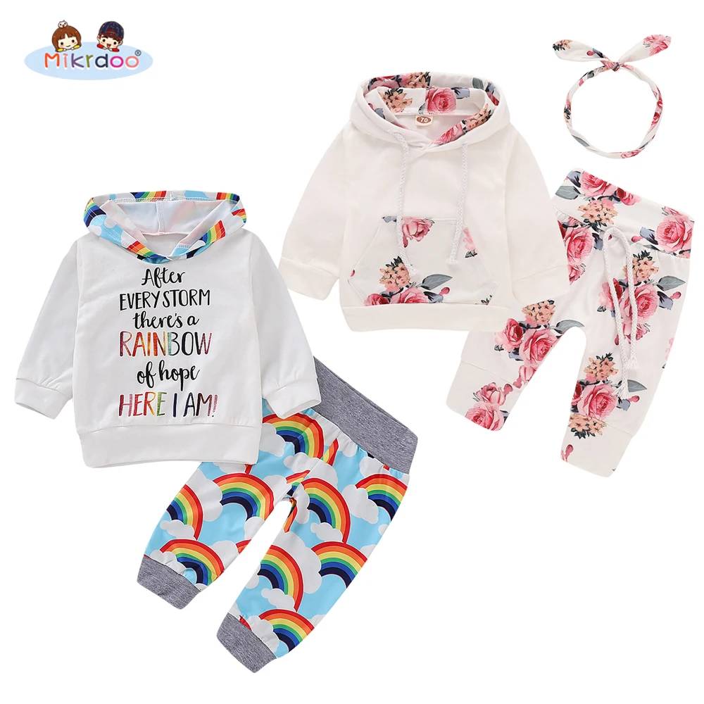 

Kids Toddler Baby Boys Girls Hooded Clothes Set Rainbow and Floral Print Hoodie Pant Headband 3PCS Spring Autumn Outfit