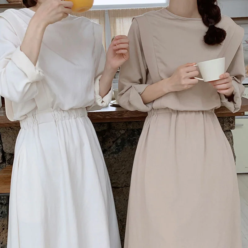 

Women Spring Long Dress A-line Long Sleeve with Back Button White Plus Size Robe Femme Vintage Stylish 2019 New