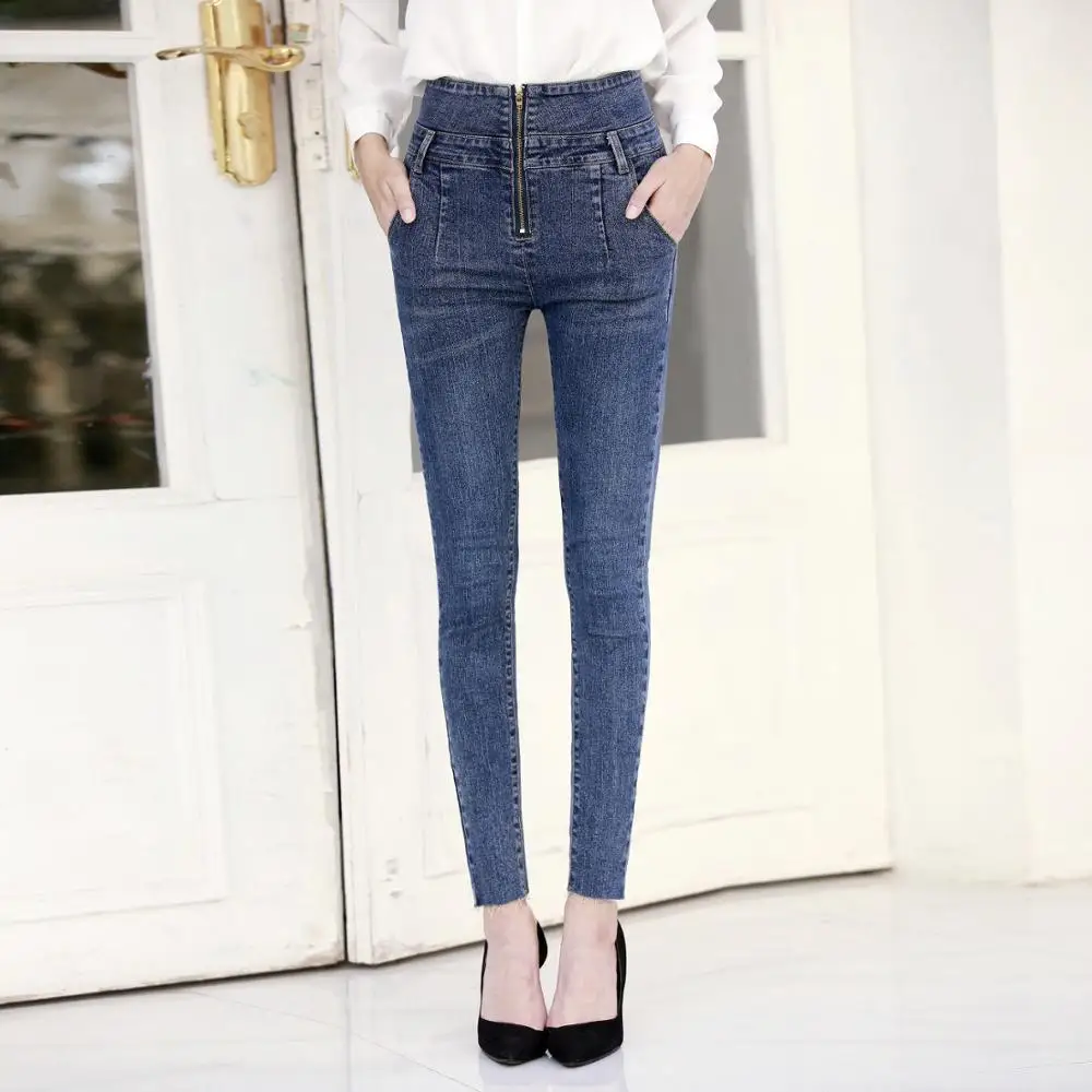 

Summer European and American women's clothing light high waist jeans button, zipper small feet pencil pants zipper trousers