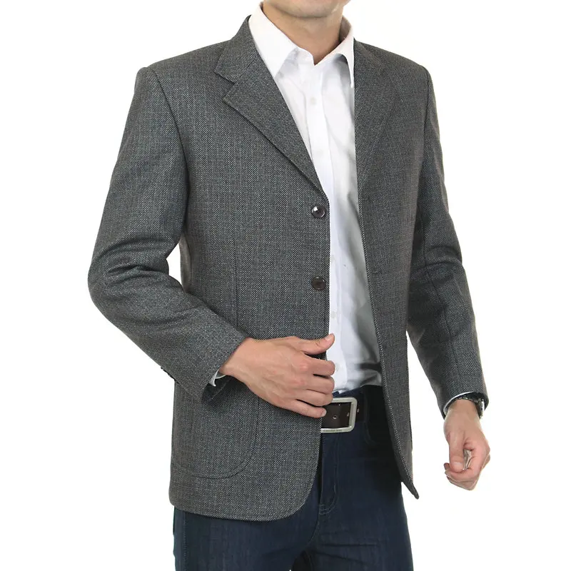 WAEOLSA Mature Men Casual Blazers Gray Small Plaid Suit Jackets Middle Aged Man Little Check Pattern Blazer Father Garment Spring (2)