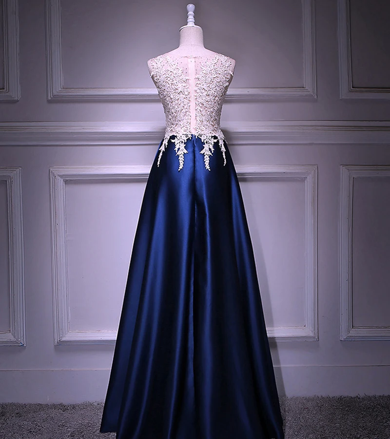 Navy Blue Satin Sleeveless Long Prom Dress