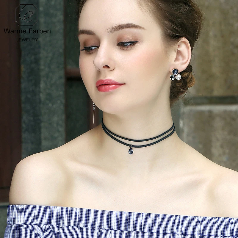 

WARME FARBEN Crystal from Swarovski Women Necklace Fine Jewelry Pendant Clavicle Choker Necklace with Black Double Rope Chain