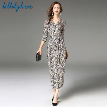 

Three Quarter Leopard Pattern Mid-calf Dress Female 2018 Autumn-winter New Fashion V-Neck Slim Polyester Chic A-Line Dress CX160