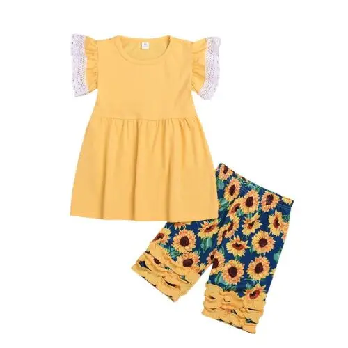 

Toddler Kid Baby Girl Clothes Yellow Flared Sleeve Lace EdgeTops Sunflower Short Pants Summer O-Neck Tighten Warist Outfits Set
