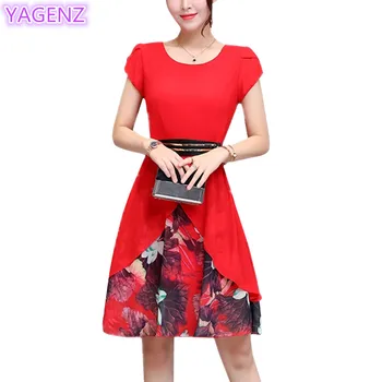

YAGENZ Chiffon Dresses Womens Summer Clothes Dress Slim Flower Print Fake two pieces Dresses Elegant Long Woman Casual Dress 163