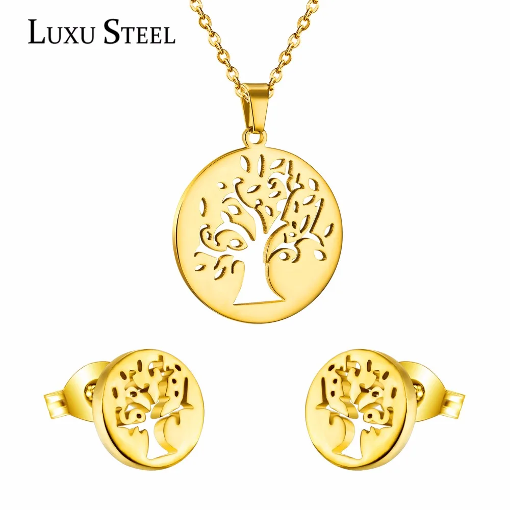 

LUXUSTEEL Daily Wear Stainless Steel Set Gold/Silver Color Tree Pendant Necklace Earring Sets Fashion Pendientes For Women