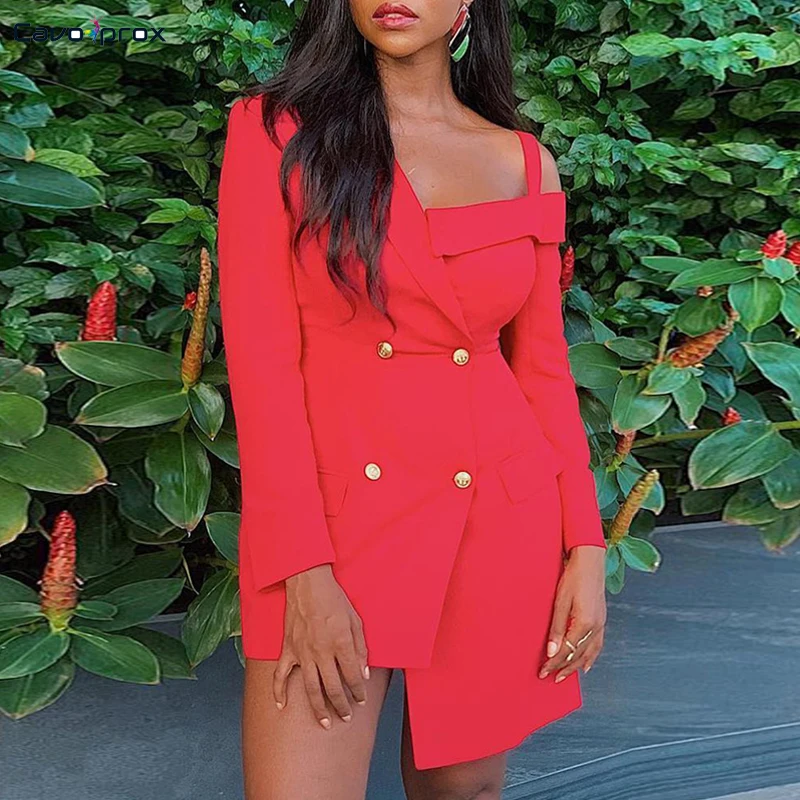 

Women Cold Shoulder Double Breasted Blazer Dress Long Sleeve Casual Sheath Solid Above Knee Mini Turn-down Collar Elegant Dress