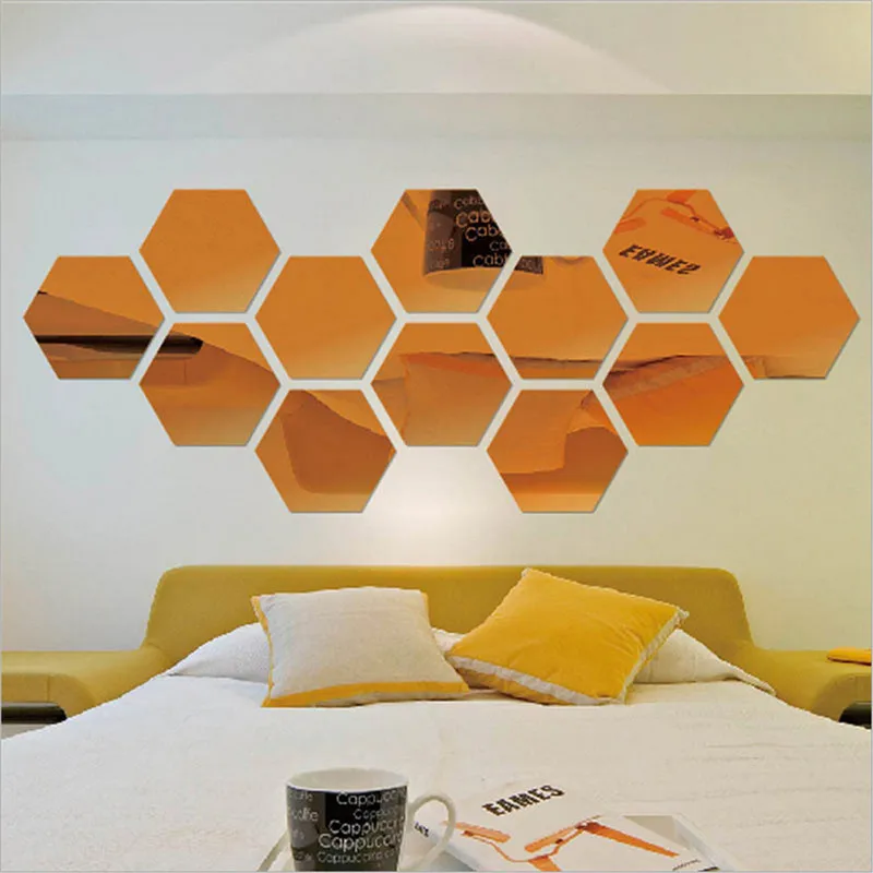 7 PCs 3D Acrylic wall stickers Mirror Hexagon Removable Wall Sticker