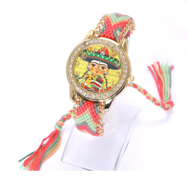 Geneva часы для женщин Винтаж Мексиканская Mariachi этнические Стразы Стиль циферблат модные наручные часы кружево золотая цепь коса Reloj